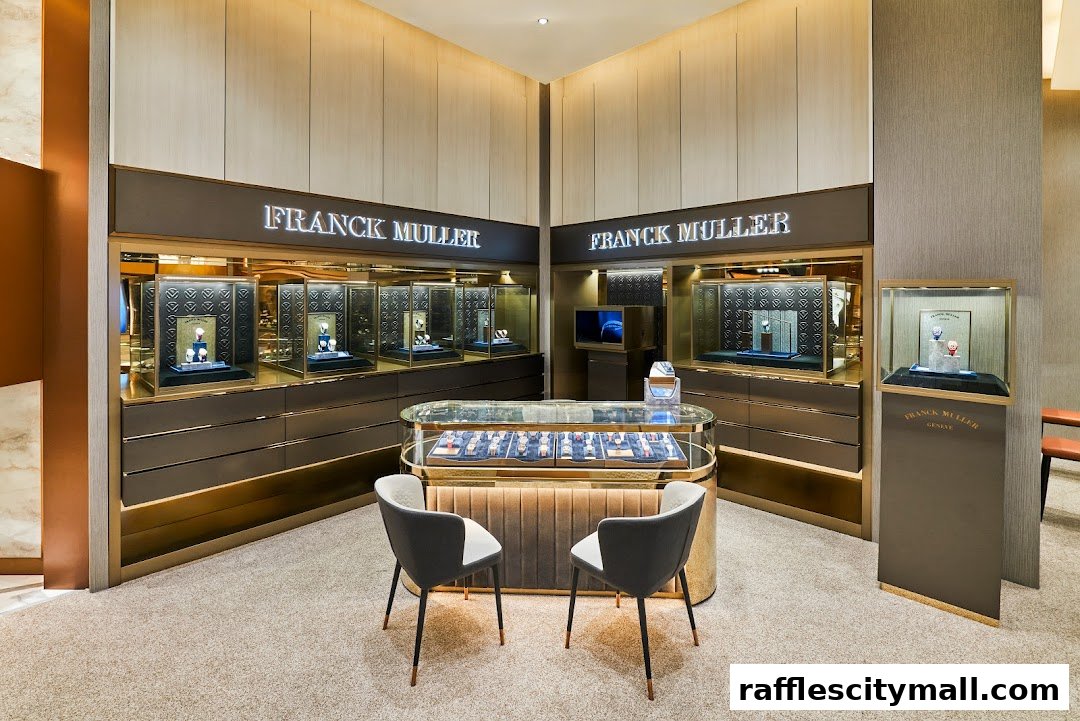 Interior of a luxury watch store featuring Franck Muller timepieces in display cases.