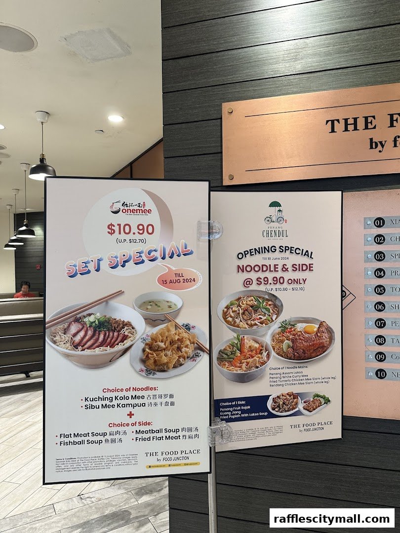 Promotional posters for set specials and noodle/side combos at The Food Place.