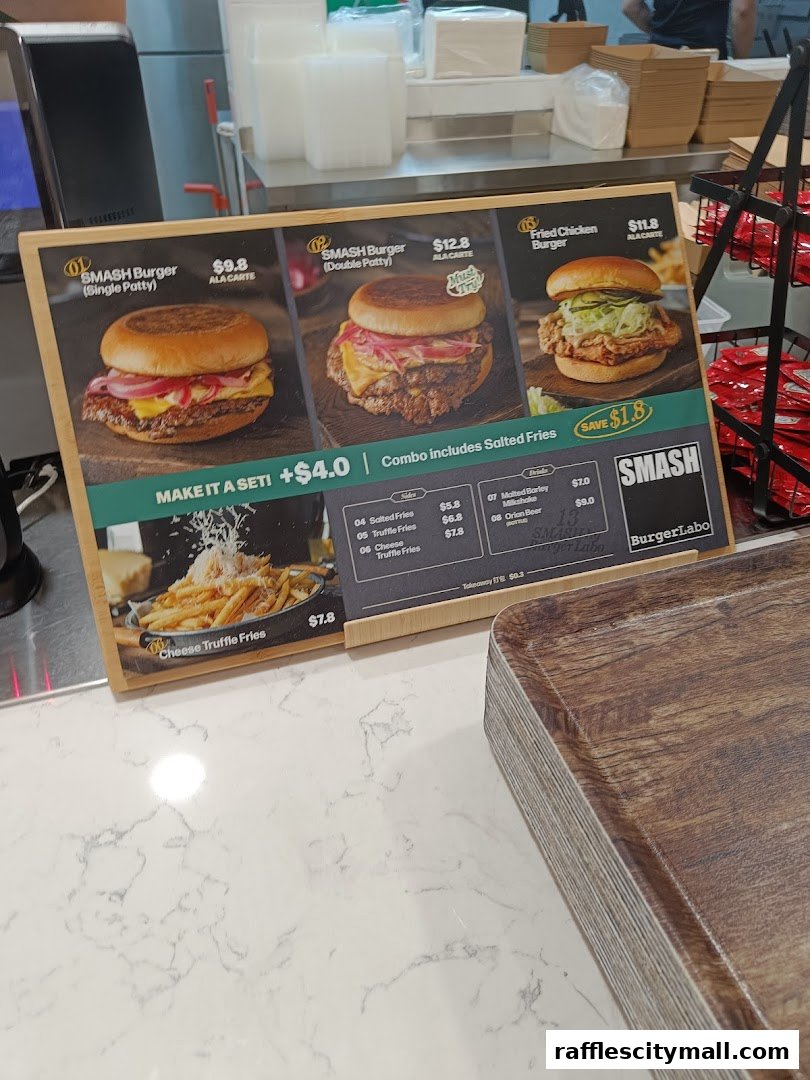 A menu board displaying burgers, fries, and drinks with prices.