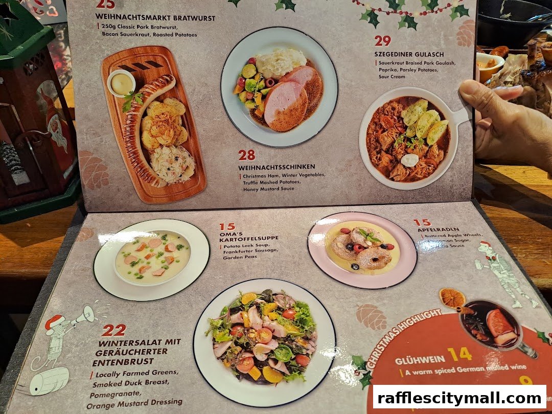 A menu featuring German dishes with festive Christmas-themed illustrations.