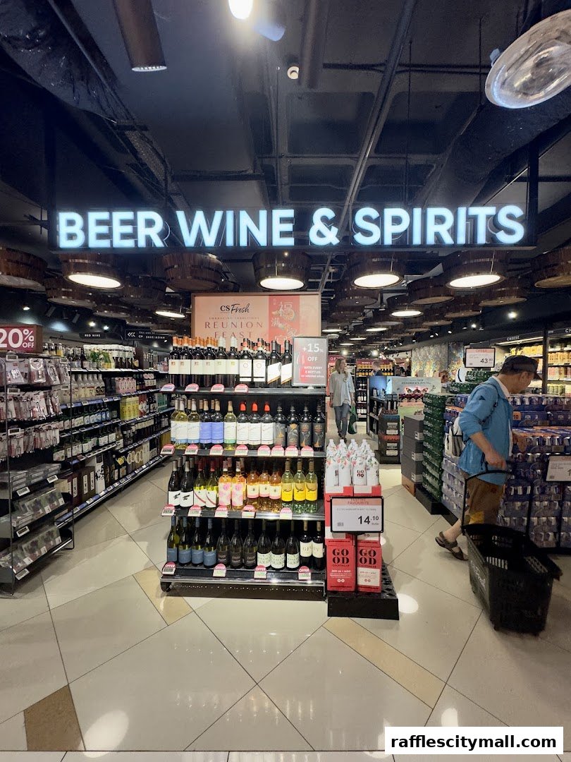A well-stocked aisle in a supermarket featuring a wide selection of beer, wine, and spirits.