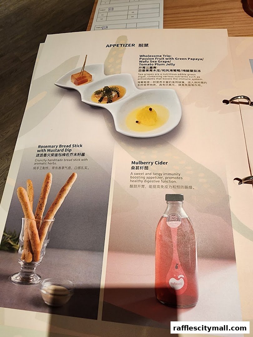 A menu page from Sufood featuring appetizers and drinks, with detailed descriptions and images.