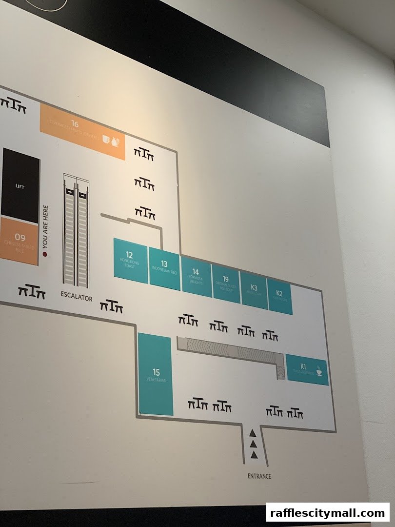 A floor plan map showing various food stalls and amenities within a food court.
