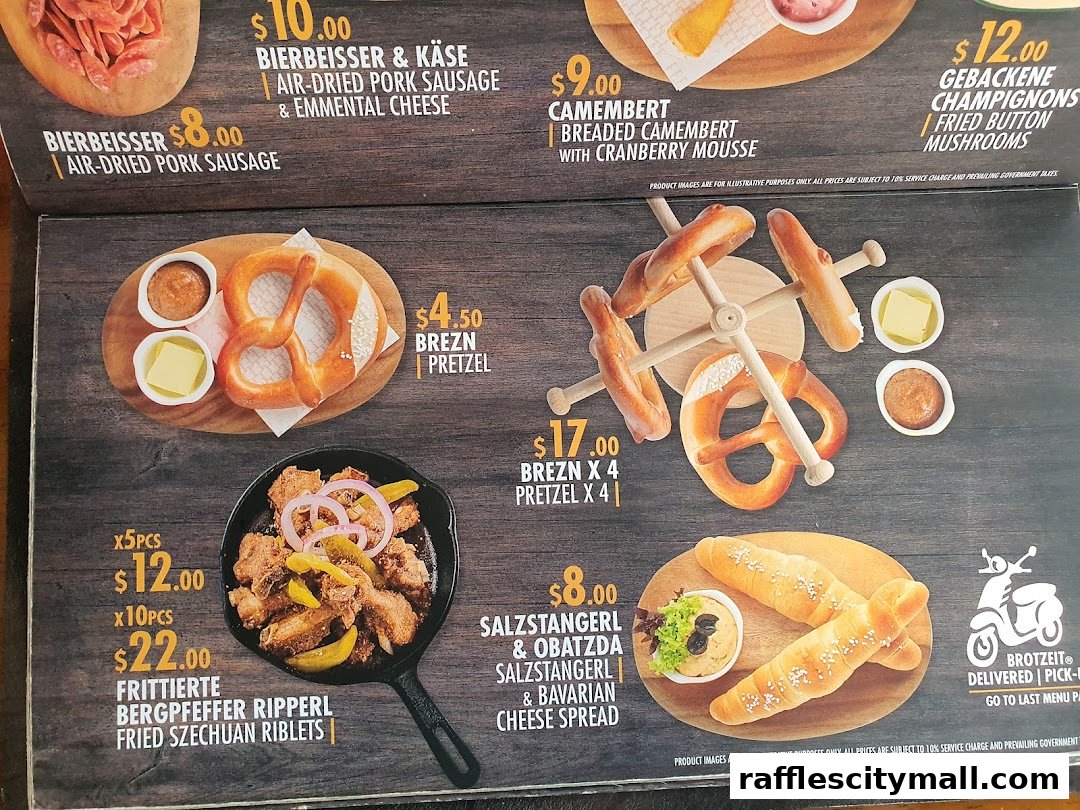 A menu from Brotzeit Raffles City featuring German-inspired dishes like pretzels, sausages, and fried ribs.
