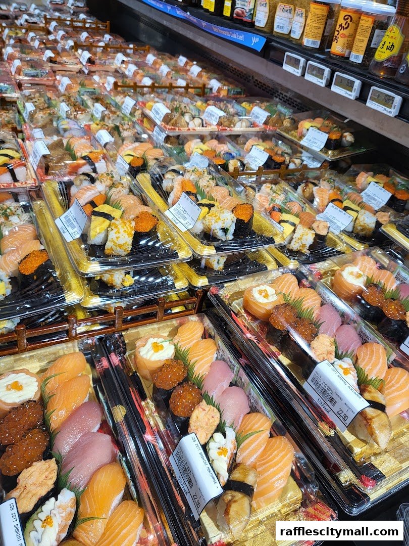 A wide selection of pre-packaged sushi platters displayed in a refrigerated aisle.