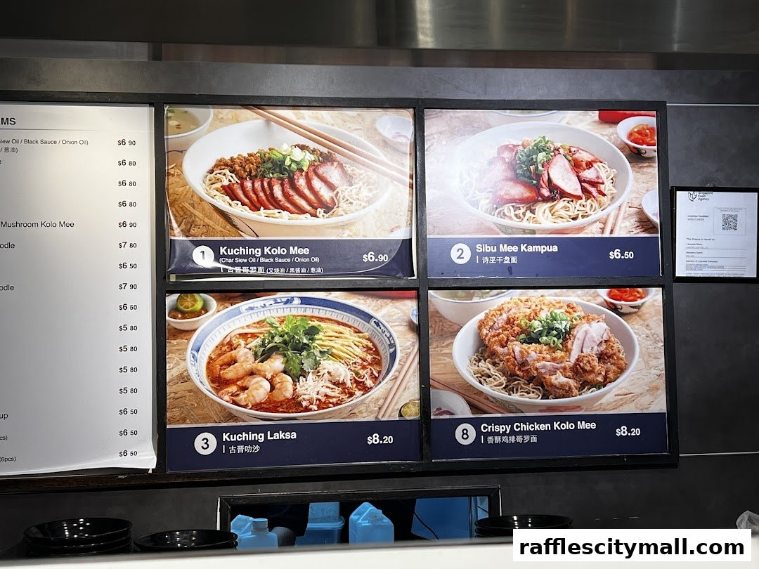 A menu board displaying various noodle dishes with appetizing images and prices.