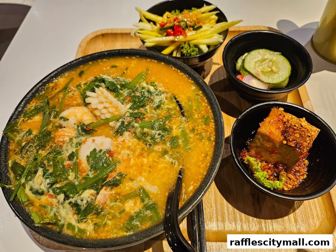 A close-up of a Thai dish with seafood, vegetables, and a side of mango salad and pickled cucumbers.