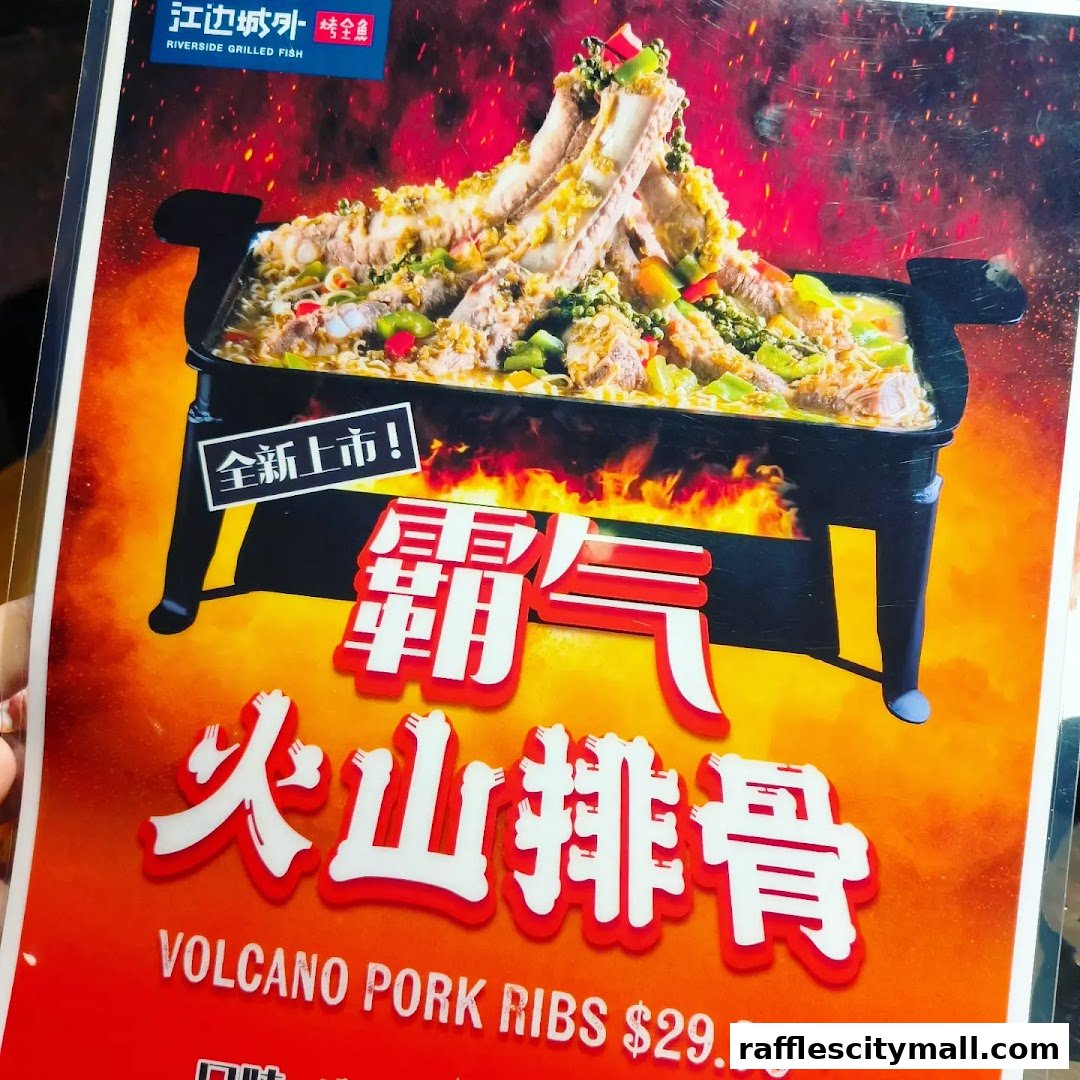 A menu item featuring Volcano Pork Ribs with a price of $29.90++.