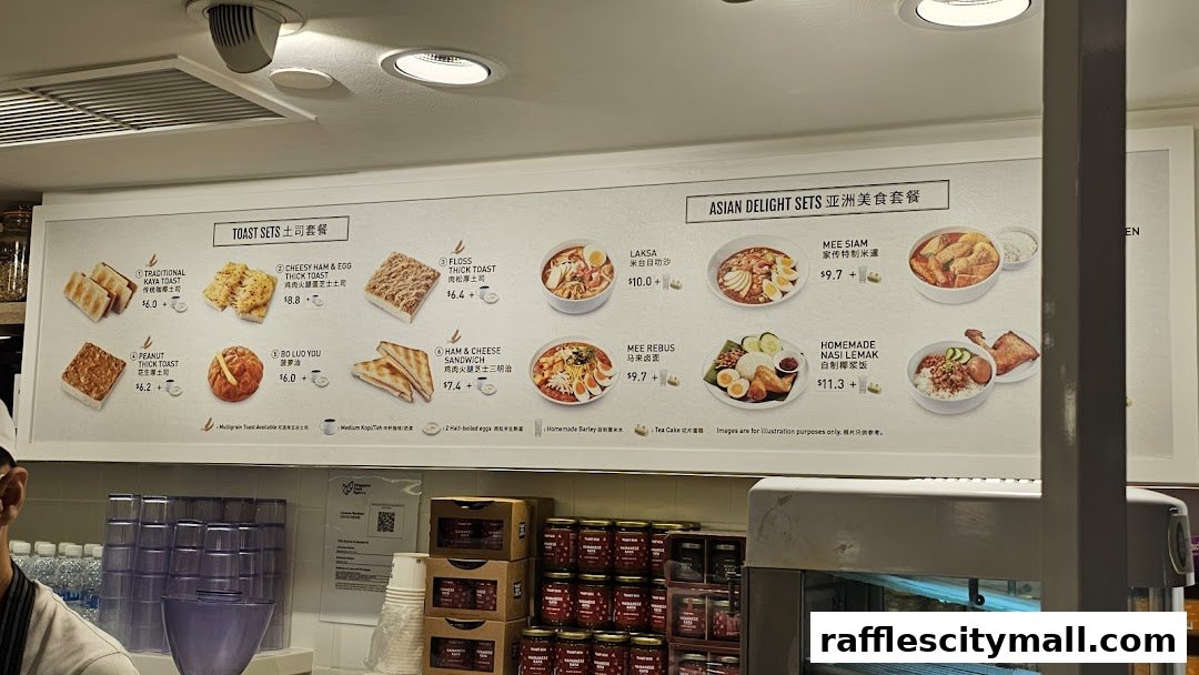 A menu board displaying various toast sets and Asian delight sets with prices and images.