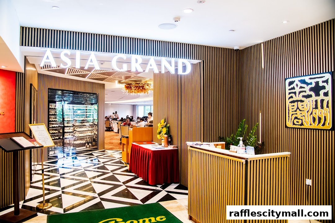 The entrance to Asia Grand Restaurant, featuring a modern design with wood paneling and a striking black and white floor.