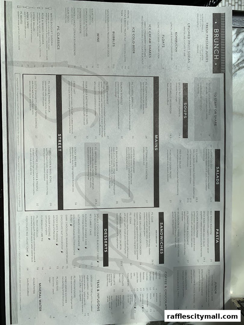 A menu from PS.Cafe Raffles City, featuring various food and drink categories.