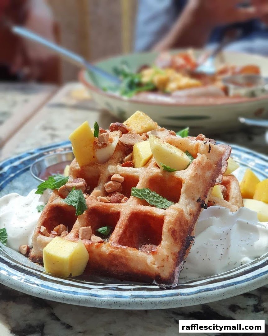 A close-up of a delicious waffle topped with fruit, nuts, and cream.