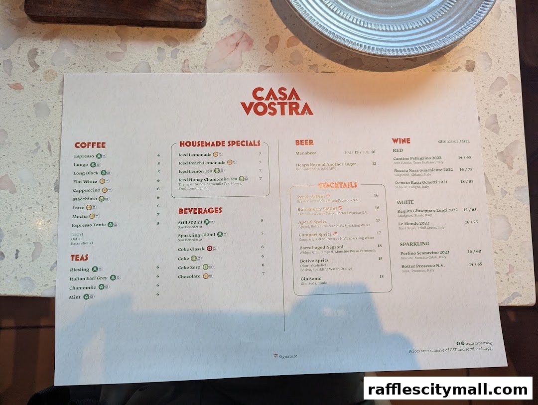 A menu from Casa Vostra featuring coffee, teas, housemade specials, beverages, beer, cocktails, and wine.