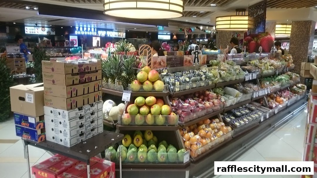 A wide selection of fresh fruits and vegetables displayed in a supermarket.