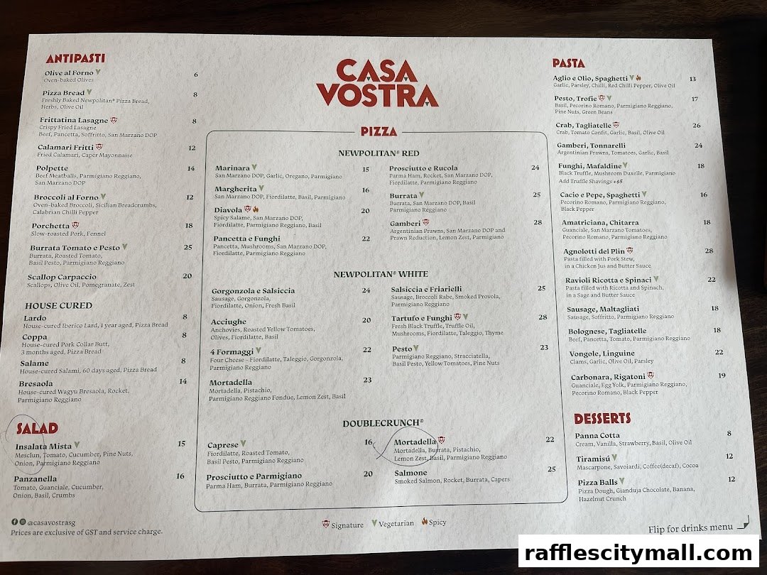 A menu from Casa Vostra featuring antipasti, pizza, pasta, salads, and desserts.
