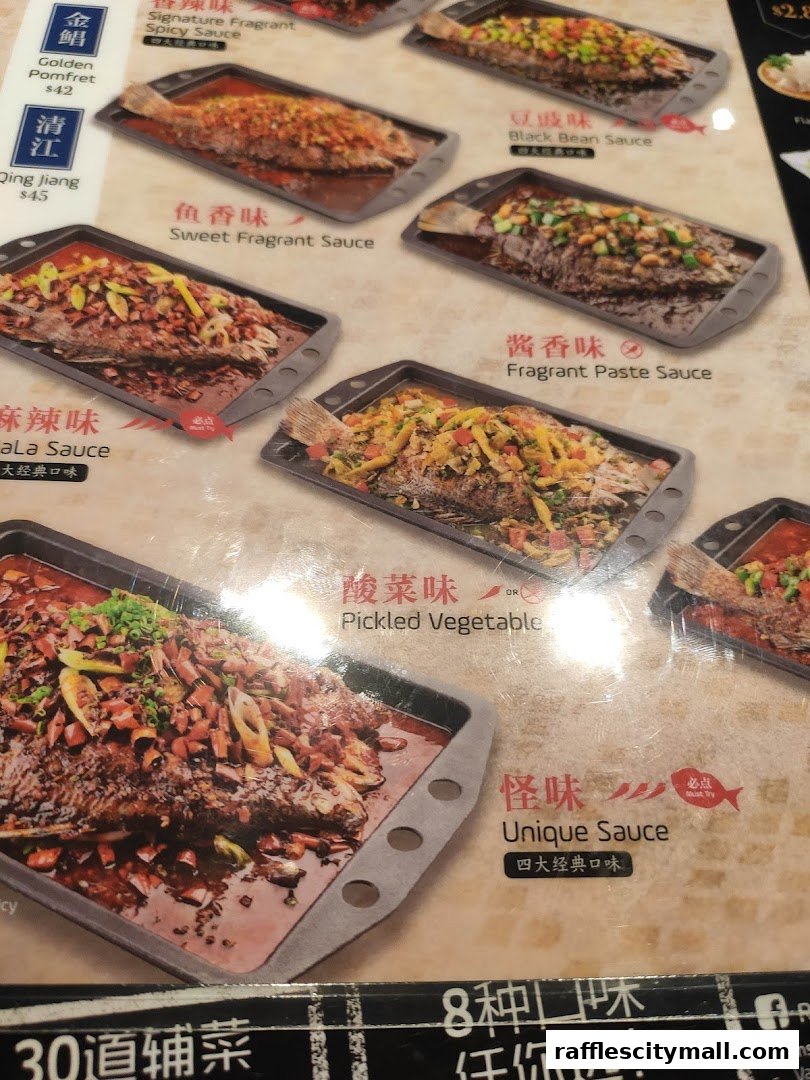 A menu showcasing various fish dishes with different sauces and prices.