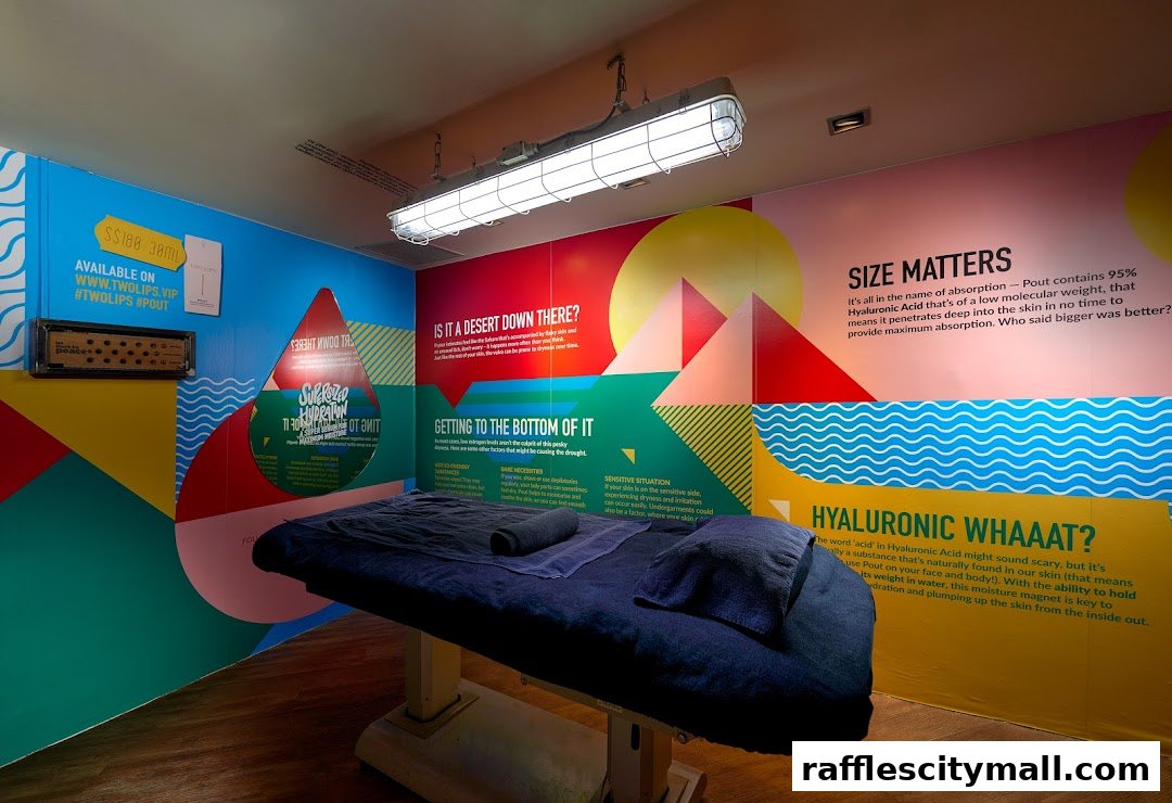 A treatment bed is set up in a brightly colored room with informative wall graphics about skincare.