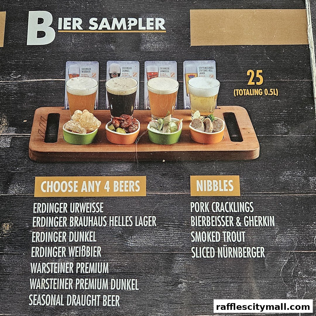 A beer sampler with four glasses of beer and four small bowls of snacks.