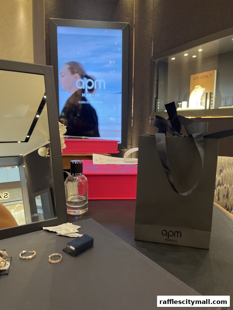 A display of APM Monaco jewelry with a shopping bag and a mirror.
