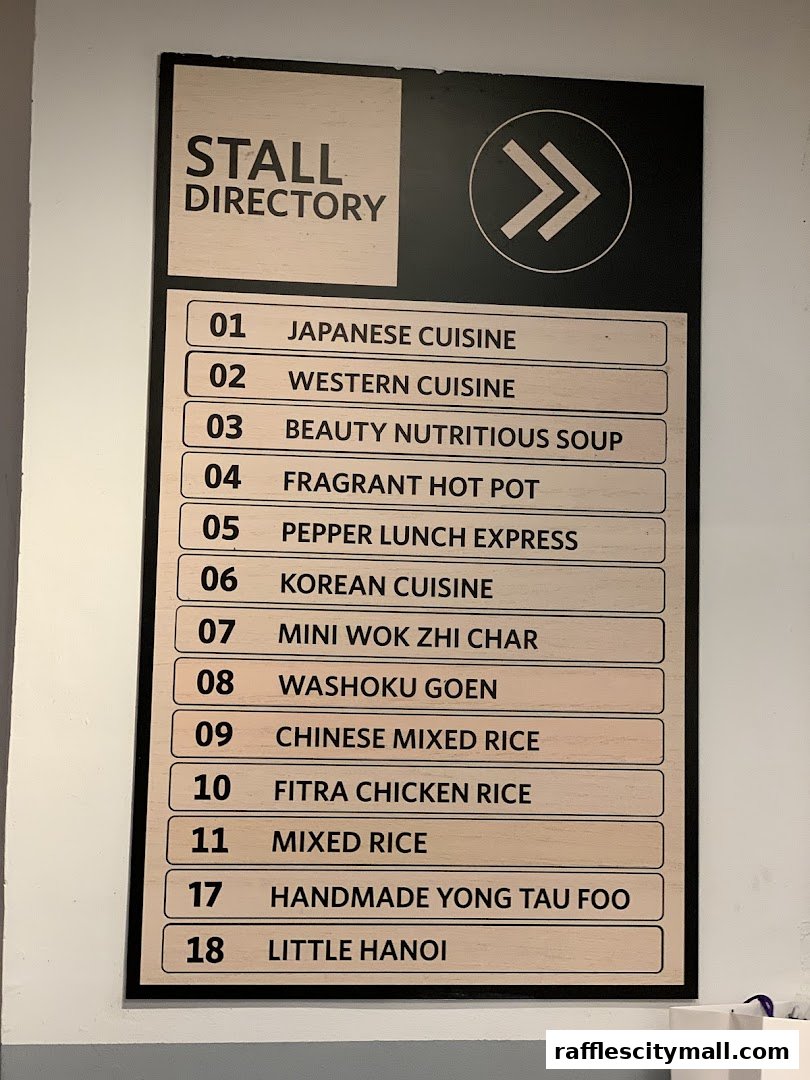 A stall directory sign listing various cuisines and food stalls.