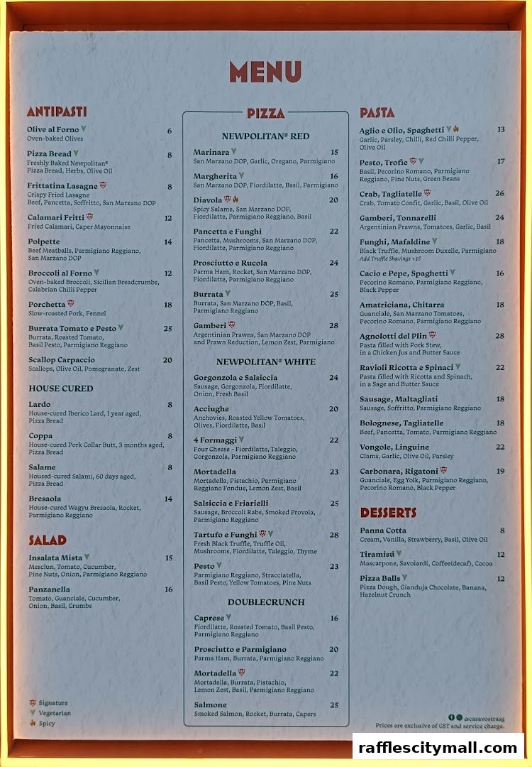 A menu from Casa Vostra featuring Antipasti, Pizza, Pasta, and Desserts with prices.