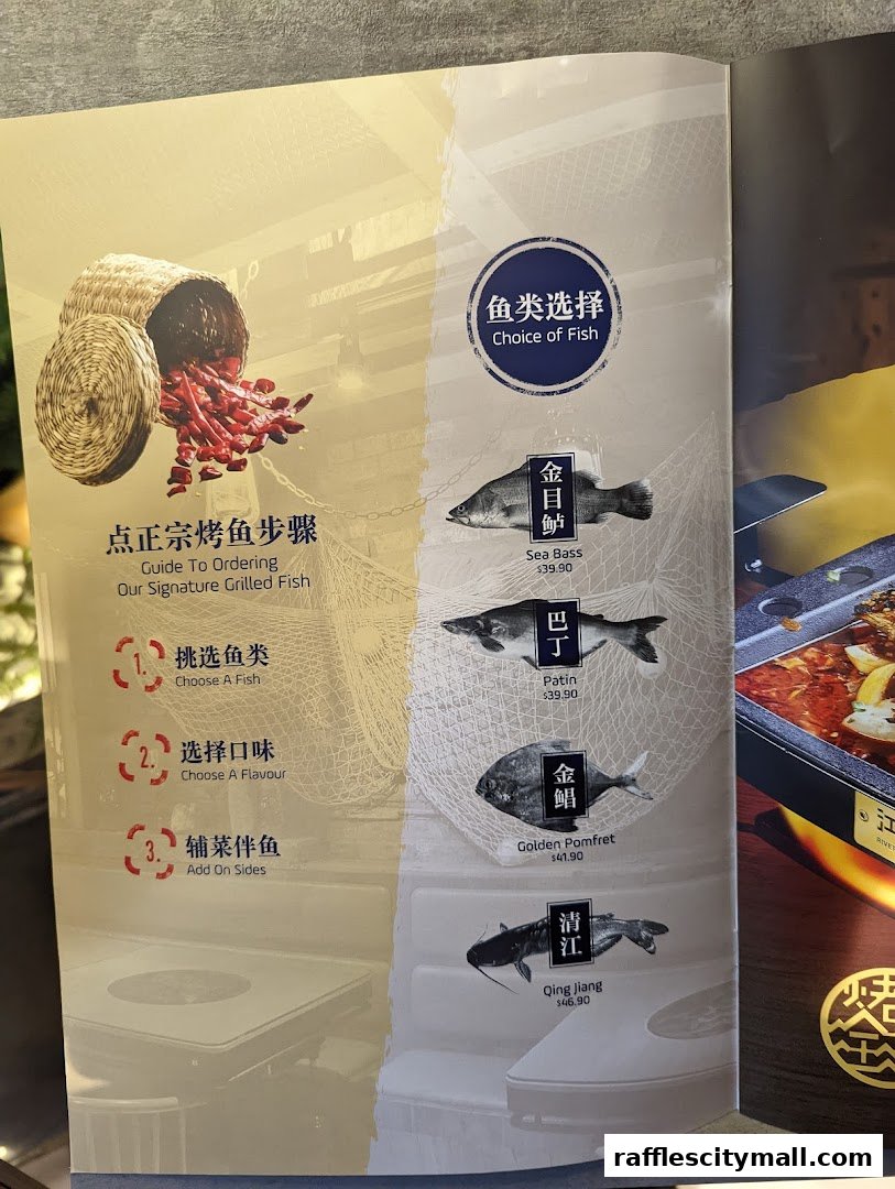 A menu page showcasing different types of fish available for grilling, with prices.