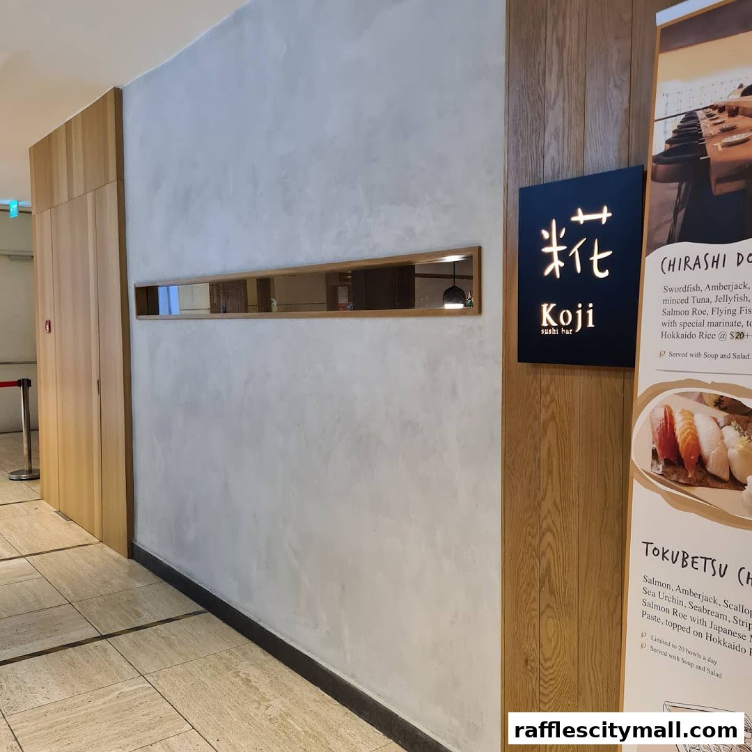 The entrance to Koji Sushi Bar with its illuminated sign and a menu banner.