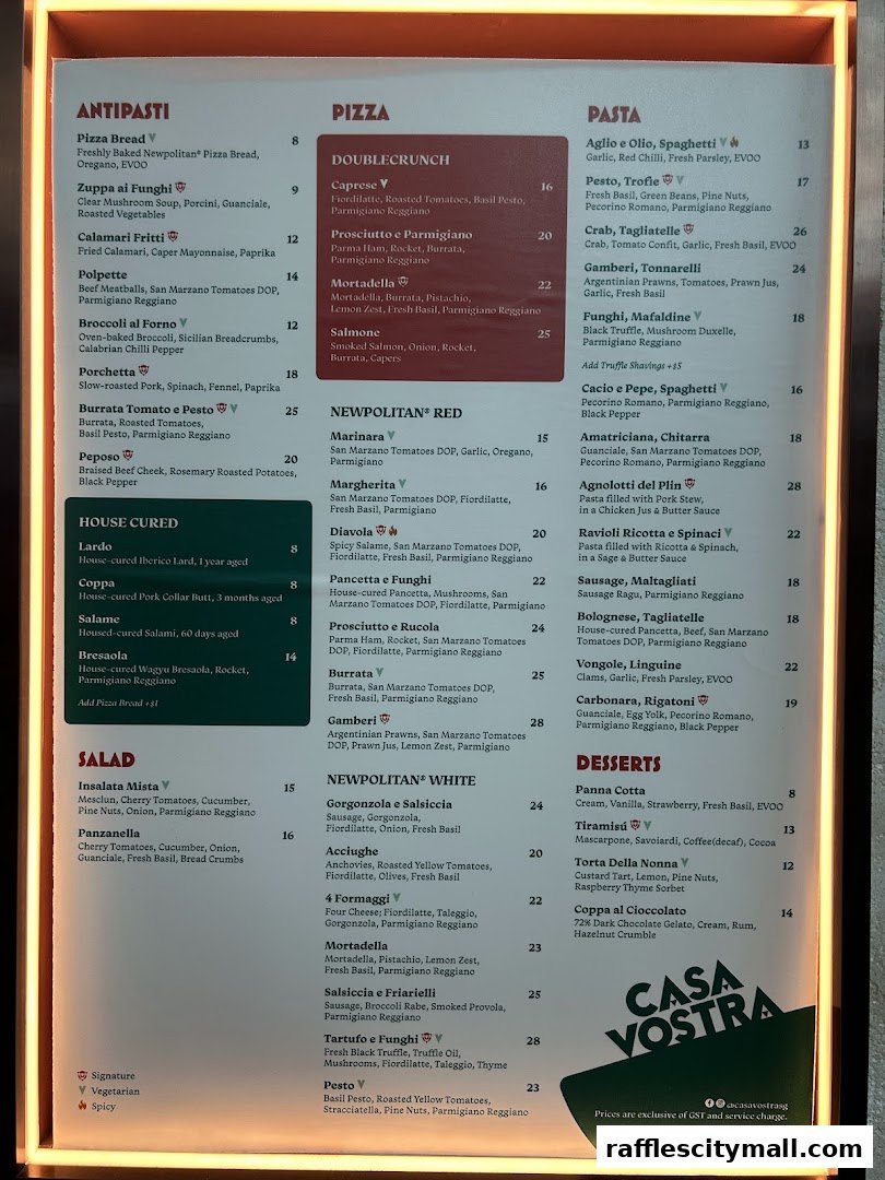 A menu for Casa Vostra, featuring Antipasti, Pizza, Pasta, Salads, and Desserts.
