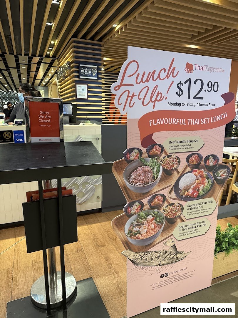 A sign advertising Thai Express's flavourful Thai set lunch for $12.90.