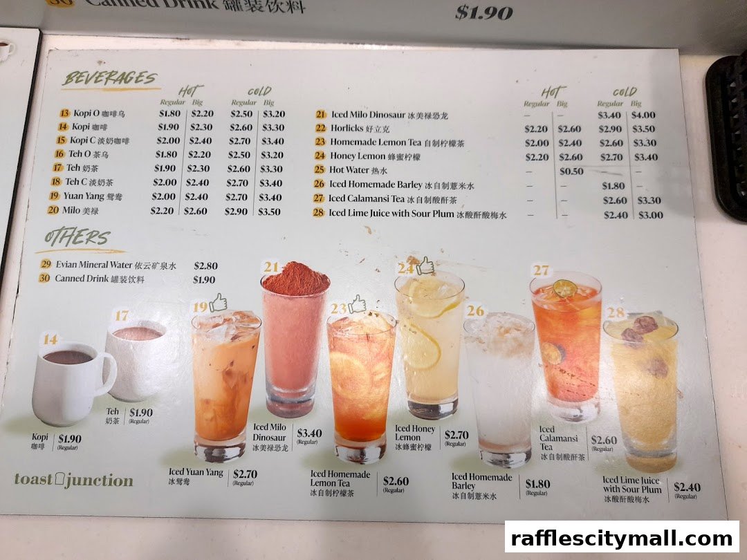 A menu board displaying various beverages and their prices, with images of some drinks.