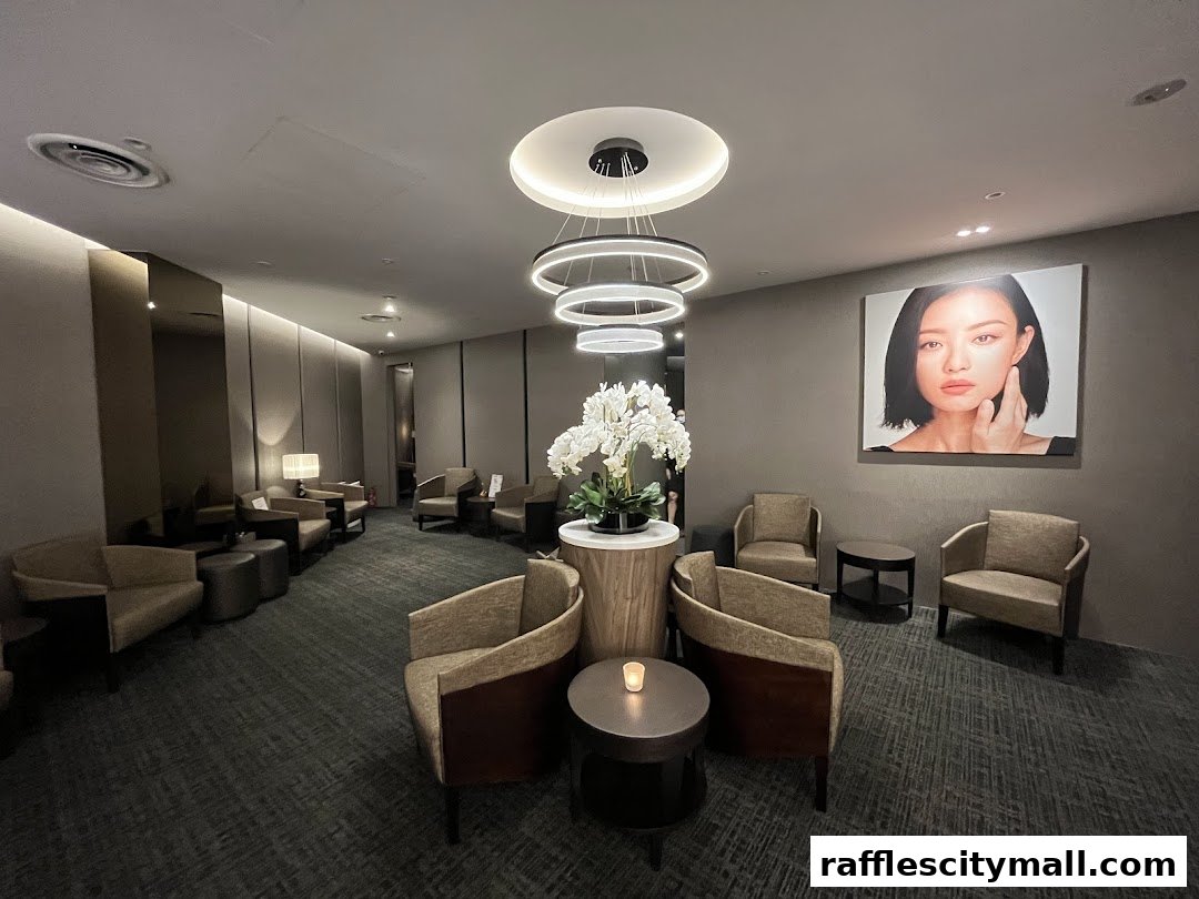 A luxurious spa waiting area with comfortable seating, modern lighting, and a large portrait of a woman.