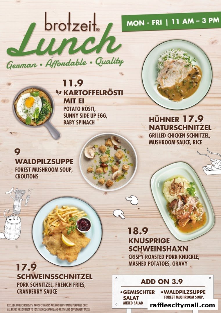 A menu for Brotzeit featuring German lunch dishes like schnitzel and pork knuckle.