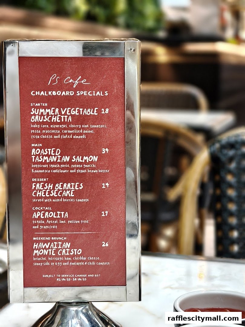 A red chalkboard specials menu from PS.Cafe with various dishes and drinks listed.