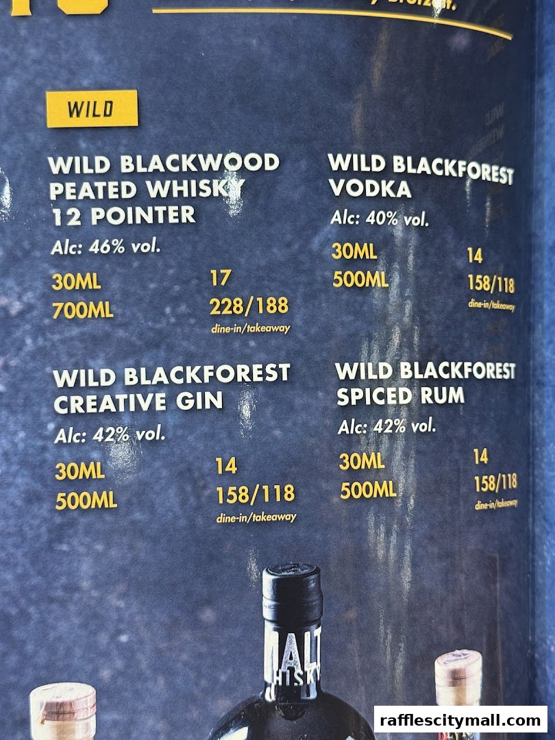 A menu showcasing various spirits including whisky, vodka, gin, and spiced rum with different sizes and prices.