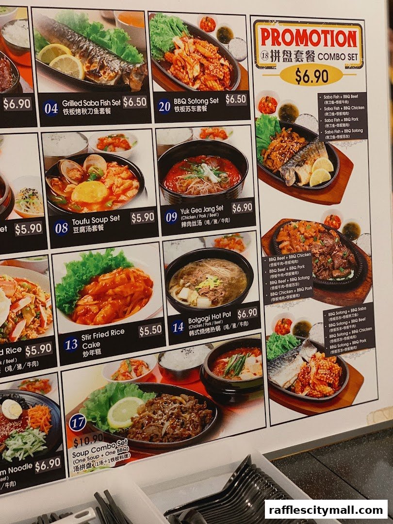 A menu showcasing various Korean food sets with images and prices.