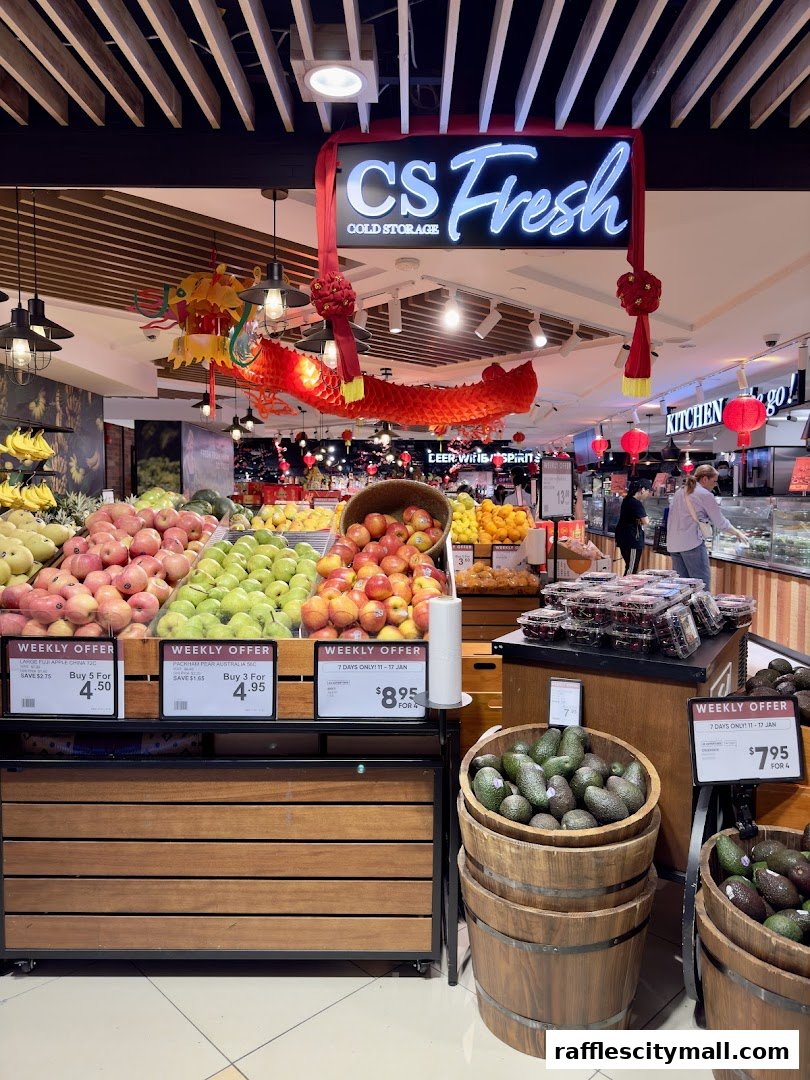 A vibrant display of fresh fruits and vegetables at CS Fresh, with special offers highlighted.