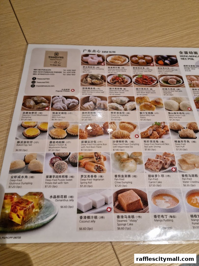 A menu from Treasures Yi Dian Xin featuring various dim sum dishes with images and prices.