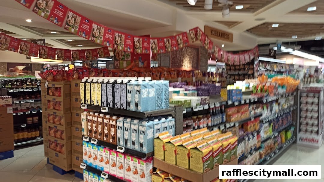 Interior view of a supermarket aisle with various beverages and snacks on display.