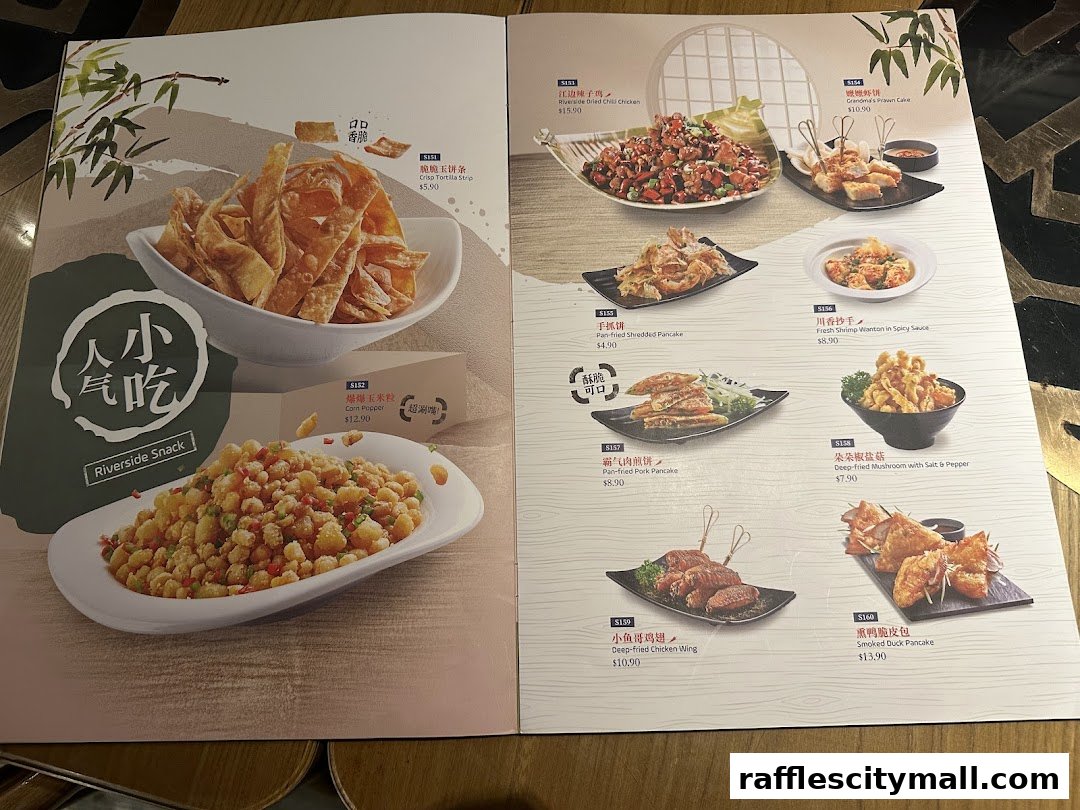 A menu featuring various Chinese dishes, including snacks, seafood, and fried items.