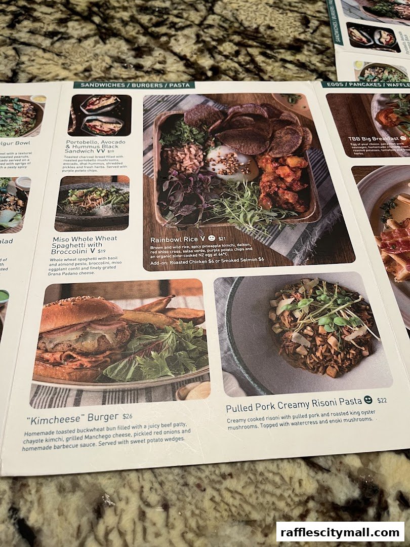 A menu featuring sandwiches, burgers, pasta, and bowls with enticing descriptions and prices.