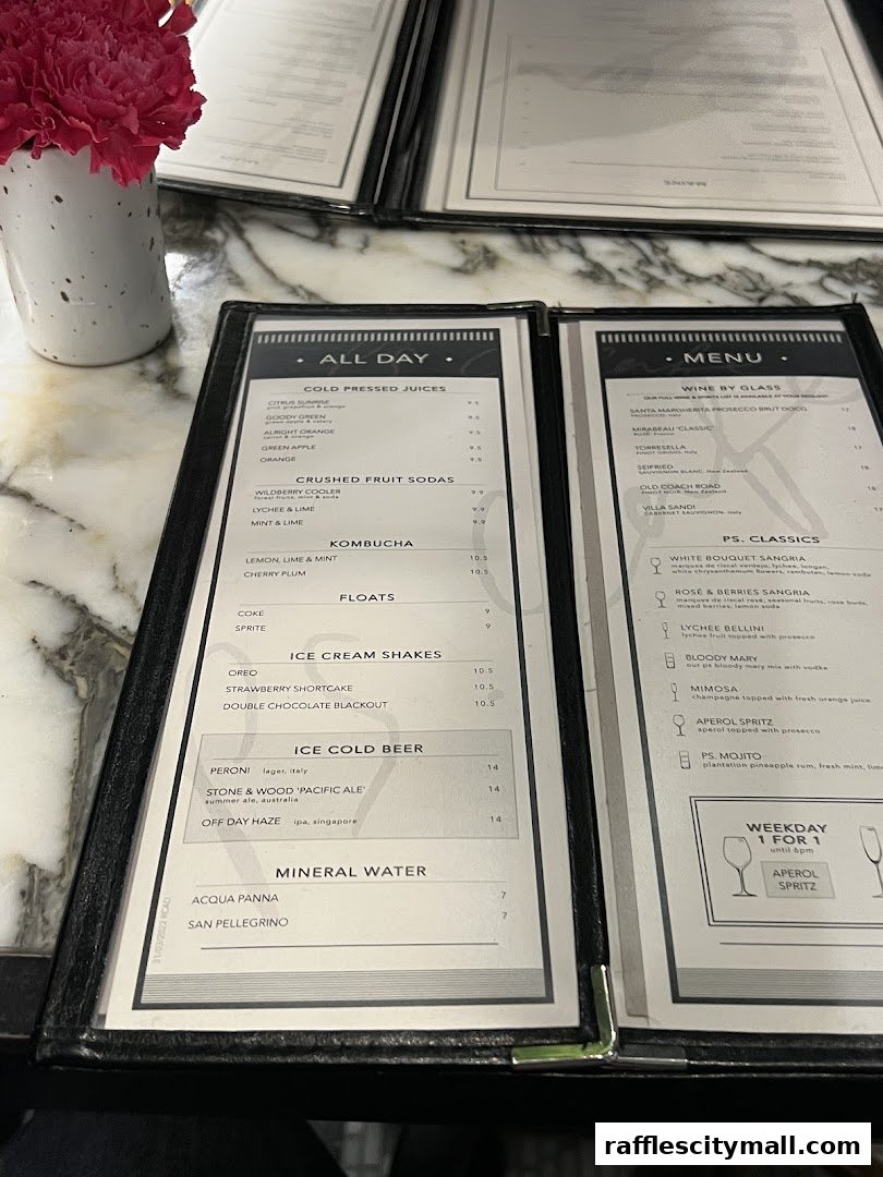 A menu from PS.Cafe Raffles City, featuring drinks and ice cream shakes.