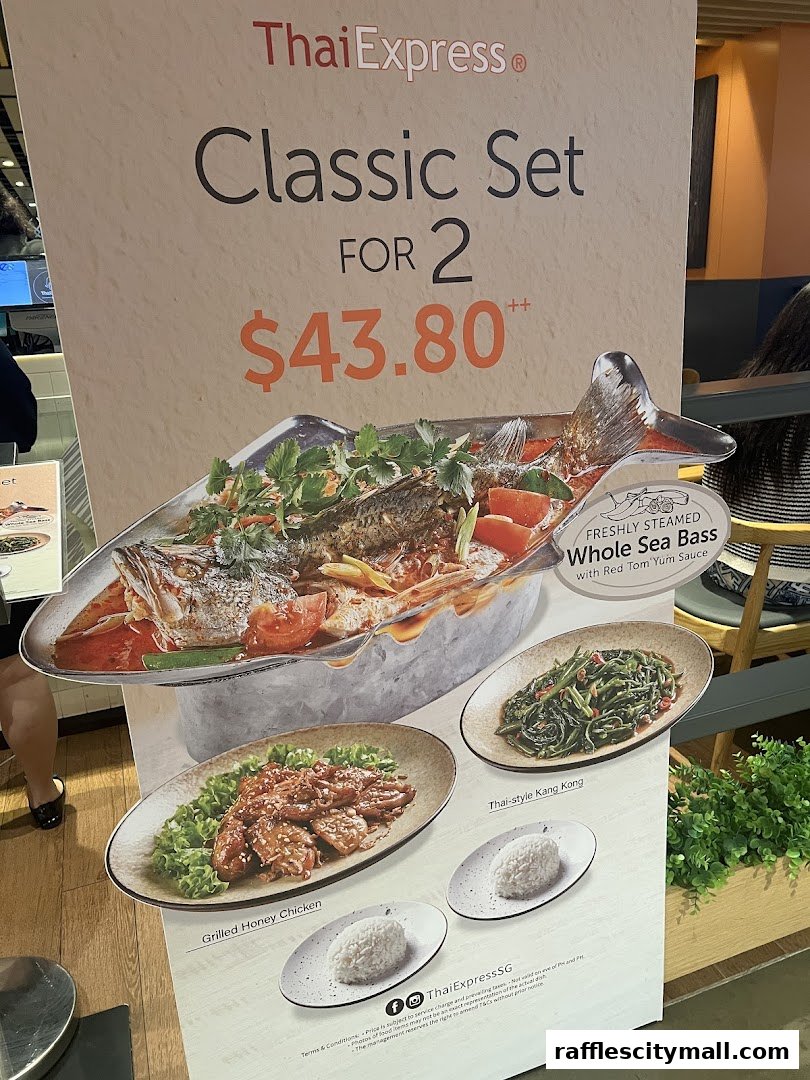 A promotional display for Thai Express featuring a 'Classic Set for 2' with various Thai dishes.