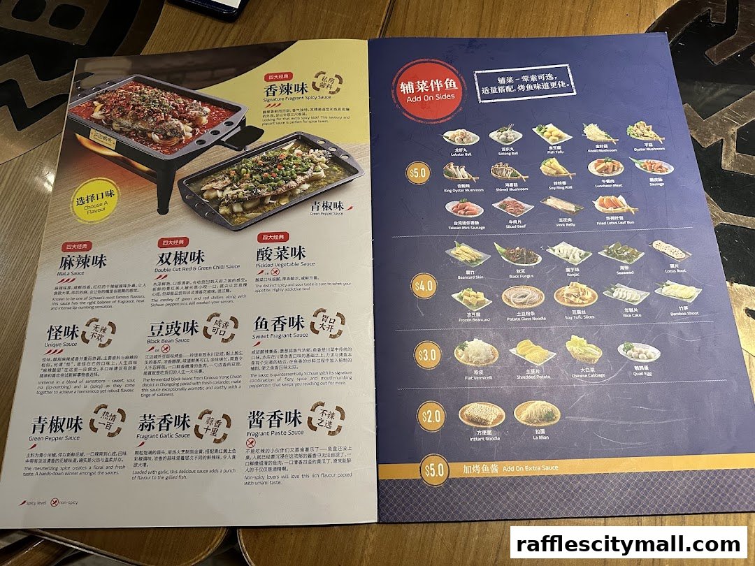 A menu featuring various sauces for grilled fish and a selection of side dishes with prices.