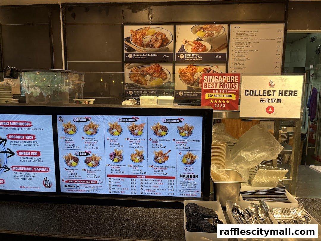 A digital menu board displaying various food items with prices and images.
