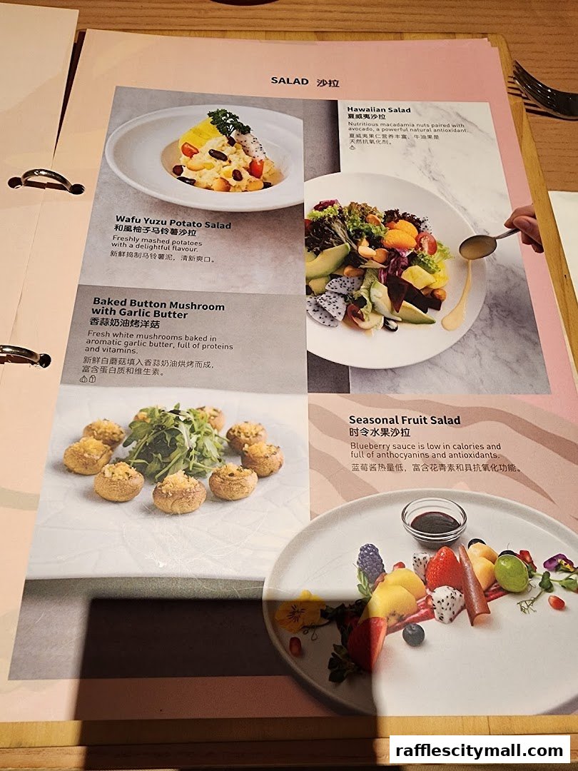 A menu page showcasing various salads and mushroom dishes with appealing food photography.
