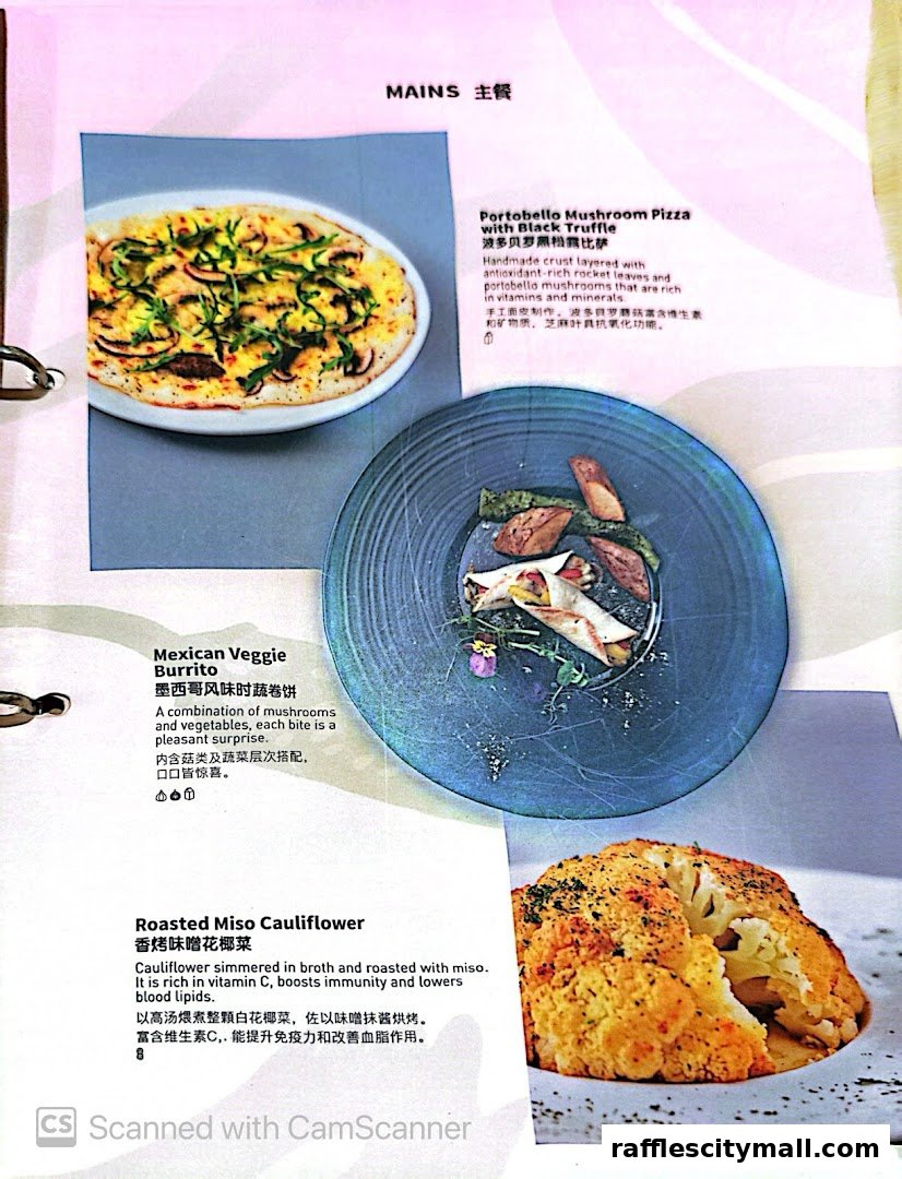 A menu page showcasing three main dishes: Portobello Mushroom Pizza, Mexican Veggie Burrito, and Roasted Miso Cauliflower.