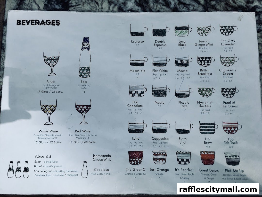 A menu displaying various beverages including coffees, teas, wines, and juices with prices.