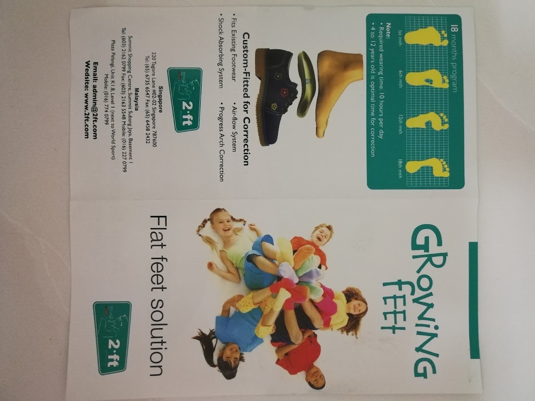 A brochure for 2ft Orthotics, detailing flat feet solutions, custom orthotics, and a children's foot correction program.