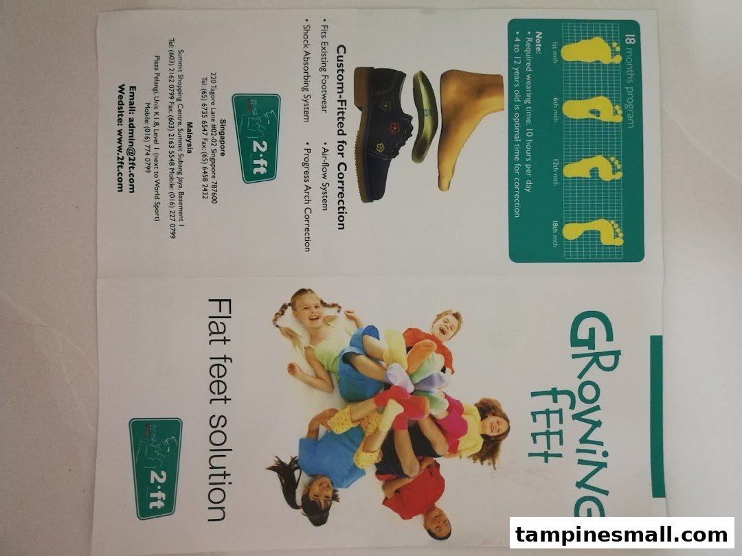 A brochure for 2ft Orthotics, detailing flat feet solutions, custom orthotics, and a children's foot correction program.