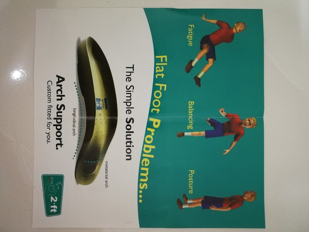 A promotional flyer from 2ft Orthotics detailing flat foot problems and custom arch support solutions.